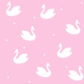 Swans. Seamless vector pattern of cartoons white birds on a pink background with hearts. Royalty Free Stock Photo